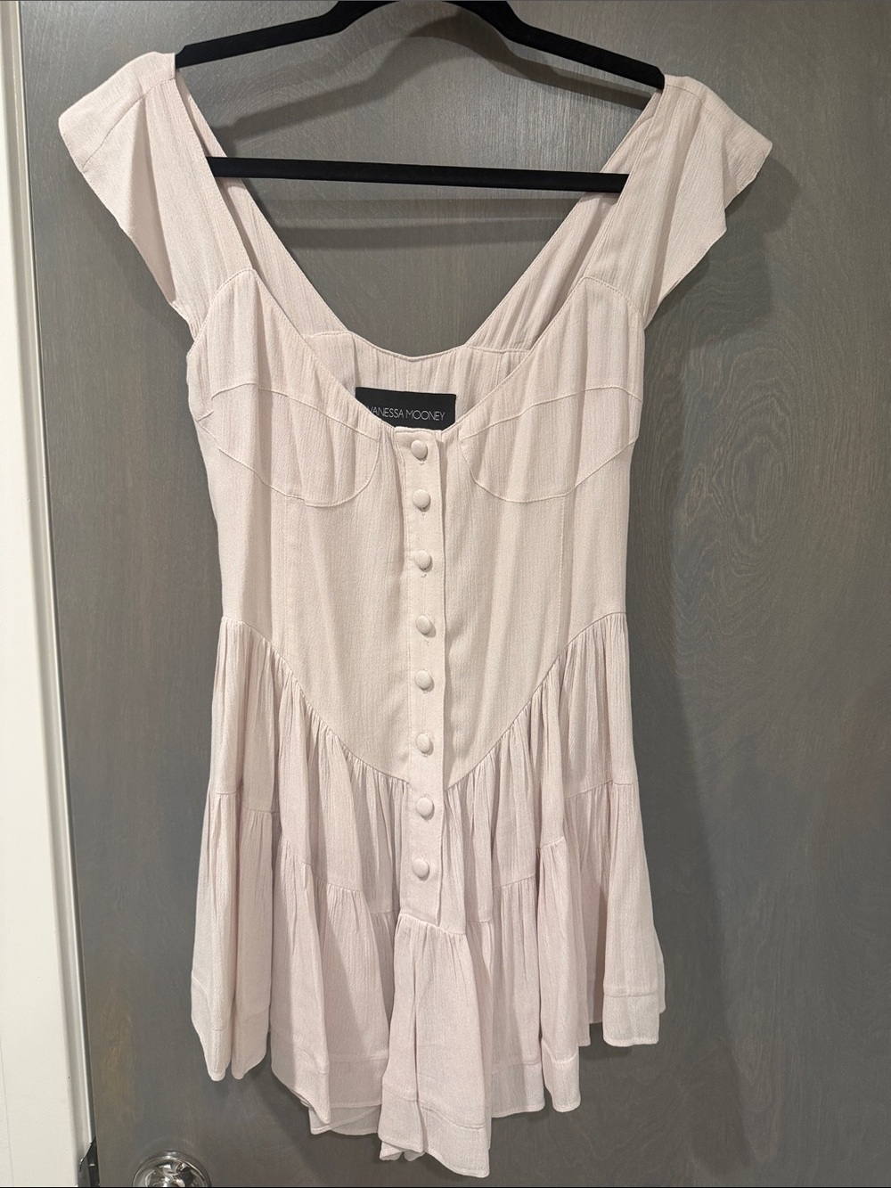 Vanessa Mooney Soft Blush Button-Front romper